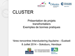 CLUSTER
1ères rencontres Interclustering Aquitaine – Euskadi
8 Juillet 2014 – Sokoburu, Hendaye
Présentation de projets
transfrontaliers
Exemples de bonnes pratiques
 
