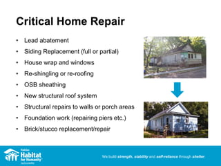 We build strength, stability and self-reliance through shelter.
Critical Home Repair
• Lead abatement
• Siding Replacement (full or partial)
• House wrap and windows
• Re-shingling or re-roofing
• OSB sheathing
• New structural roof system
• Structural repairs to walls or porch areas
• Foundation work (repairing piers etc.)
• Brick/stucco replacement/repair
 