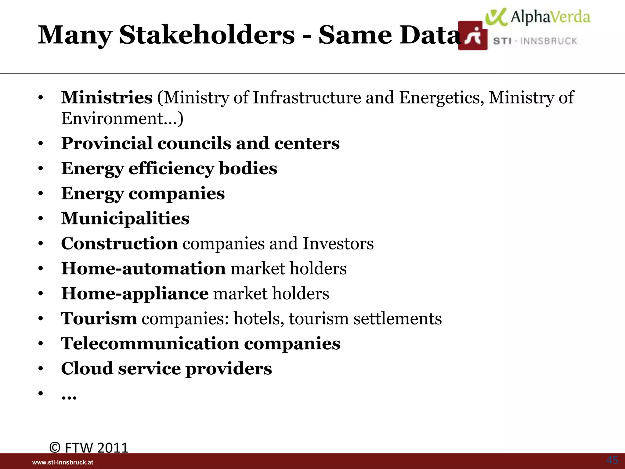Many Stakeholders - Same Data

 • Ministries (Ministry of Infrastructure and Energetics, Ministry of
   Environment…)
 • Provincial councils and centers
 • Energy efficiency bodies
 • Energy companies
 • Municipalities
 • Construction companies and Investors
 • Home-automation market holders
 • Home-appliance market holders
 • Tourism companies: hotels, tourism settlements
 • Telecommunication companies
 • Cloud service providers
 • …


     © FTW 2011
www.sti-innsbruck.at                                                    45
 