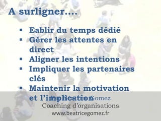 A surligner….
Par Béatrice Gomez
Coaching d’organisations
www.beatricegomez.fr
Eablir du temps dédié
Gérer les attentes en
direct
Aligner les intentions
Impliquer les partenaires
clés
Maintenir la motivation
et l’implication