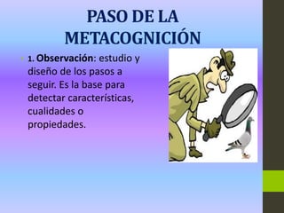 PASO DE LA
METACOGNICIÓN
• 1. Observación: estudio y
diseño de los pasos a
seguir. Es la base para
detectar características,
cualidades o
propiedades.
 