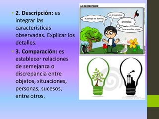 • 2. Descripción: es
integrar las
características
observadas. Explicar los
detalles.
• 3. Comparación: es
establecer relaciones
de semejanza o
discrepancia entre
objetos, situaciones,
personas, sucesos,
entre otros.
 