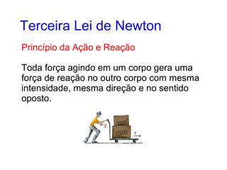 Princípio da Ação e Reação
Toda força agindo em um corpo gera uma
força de reação no outro corpo com mesma
intensidade, mesma direção e no sentido
oposto.
Terceira Lei de Newton
 