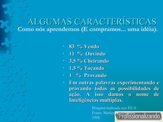 ALGUMAS CARACTERÍSTICAS 83  % Vendo 11  %  Ouvindo 3,5 % Cheirando 1,5 % Tocando 1  %  Provando Em outras palavras experimentando e provando todas as possibilidades de ação. A isso damos o nome de Inteligências múltiplas. Como nós aprendemos (E compramos... uma idéia). Pesquisa realizada nos EUA Fonte: Marketing Network 1998 