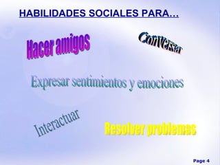 HABILIDADES SOCIALES PARA… Hacer amigos Conversar Expresar sentimientos y emociones Resolver problemas Interactuar 