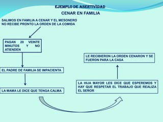 EJEMPLO DE ASERTIVIDAD
SALIMOS EN FAMILIA A CENAR Y EL MESONERO
NO RECIBE PRONTO LA ORDEN DE LA COMIDA
CENAR EN FAMILIA
PASAN 20 VEINTE
MINUTOS Y NO
ATIENDEN
EL PADRE DE FAMILIA SE IMPACIENTA
LA MAMA LE DICE QUE TENGA CALMA
LA HIJA MAYOR LES DICE QUE ESPEREMOS Y
HAY QUE RESPETAR EL TRABAJO QUE REALIZA
EL SEÑOR
LE RECIBIERON LA ORDEN CENARON Y SE
FUERON PARA LA CASA
 