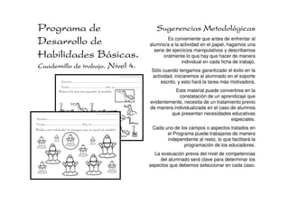 Programa dePrograma dePrograma dePrograma de
Desarrollo deDesarrollo deDesarrollo deDesarrollo de
Habilidades Básicas.Habilidades Básicas.Habilidades Básicas.Habilidades Básicas.
Cuadernillo de trabajo.Cuadernillo de trabajo.Cuadernillo de trabajo.Cuadernillo de trabajo. Nivel 4.Nivel 4.Nivel 4.Nivel 4.
Sugerencias MetodológicasSugerencias MetodológicasSugerencias MetodológicasSugerencias Metodológicas
Es conveniente que antes de enfrentar al
alumno/a a la actividad en el papel, hagamos una
serie de ejercicios manipulativos y describamos
oralmente lo que hay que hacer de manera
individual en cada ficha de trabajo.
Sólo cuando tengamos garantizado el éxito en la
actividad, iniciaremos al alumnado en el soporte
escrito, y esto hará la tarea más motivadora.
Este material puede convertirse en la
constatación de un aprendizaje que
evidentemente, necesita de un tratamiento previo
de manera individualizada en el caso de alumnos
que presentan necesidades educativas
especiales.
Cada uno de los campos o aspectos tratados en
el Programa puede trabajarse de manera
independiente al resto, lo que facilitará la
programación de los educadores.
La evaluación previa del nivel de competencias
del alumnado será clave para determinar los
aspectos que debemos seleccionar en cada caso.
Nombre: ......................................................................................
Fecha:............................................ Hoy es: ................................
Busca los que son iguales al modelo.
Desarrollo de Habilidades Básicas.
Nombre: ......................................................................................
Fecha:............................................ Hoy es: ................................
Desarrollo de Habilidades Básicas.
Rodea con rotulador la imagen que es igual al modelo:
 