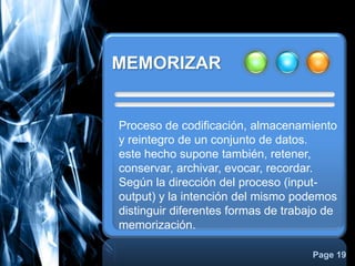 MEMORIZAR<br />Proceso de codificación, almacenamiento y reintegro de un conjunto de datos.<br />este hecho supone también...