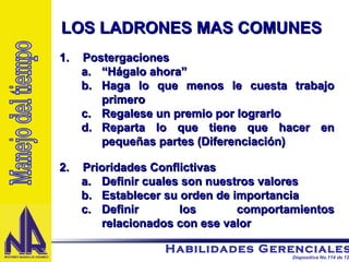 Postergaciones “ Hágalo ahora” Haga lo que menos le cuesta trabajo primero Regalese un premio por lograrlo Reparta lo que tiene que hacer en pequeñas partes (Diferenciación) Prioridades Conflictivas Definir cuales son nuestros valores Establecer su orden de importancia Definir los comportamientos relacionados con ese valor Manejo del tiempo LOS LADRONES MAS COMUNES 
