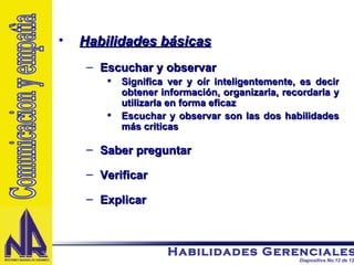 Habilidades básicas Escuchar y observar Significa ver y oír inteligentemente, es decir obtener información, organizarla, recordarla y utilizarla en forma eficaz Escuchar y observar son las dos habilidades más criticas Saber preguntar Verificar Explicar Comunicacion y empatìa 