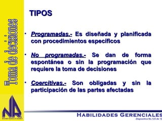 Programadas.-  Es diseñada y planificada con procedimientos específicos No programadas.-  Se dan de forma espontánea o sin la programación que requiere la toma de decisiones Coercitivas.-  Son obligadas y sin la participación de las partes afectadas TIPOS Toma de decisiones 