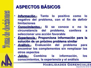 Información.-  Tanto lo positivo como lo negativo del problema, con el fin de definir limitaciones Conocimientos.-   Si se conoce o no la circunstancia del problema, conlleva a seleccionar una acción favorable Experiencia.-   Proporciona información para la solución de un próximo problema similar Análisis.-   Evaluación del problema para encontrar los complementos sin remplazar los otros aspectos Juicio.-   Combina la información, los conocimientos, la experiencia y el análisis ASPECTOS BÁSICOS Toma de decisiones 