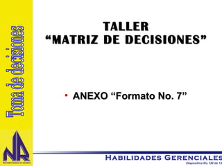 TALLER “MATRIZ DE DECISIONES” ANEXO “Formato No. 7” Toma de decisiones 