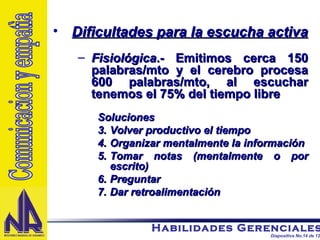 Dificultades para la escucha activa Fisiológica .- Emitimos cerca 150 palabras/mto y el cerebro procesa 600 palabras/mto, al escuchar tenemos el 75% del tiempo libre Soluciones Volver productivo el tiempo Organizar mentalmente la información Tomar notas (mentalmente o por escrito) Preguntar Dar retroalimentación  Comunicacion y empatìa 
