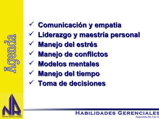Comunicación y empatia Liderazgo y maestría personal Manejo del estrés Manejo de conflictos Modelos mentales Manejo del tiempo Toma de decisiones Agenda 