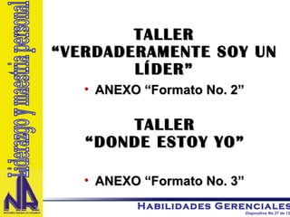 ANEXO “Formato No. 2” TALLER “VERDADERAMENTE SOY UN LÍDER” TALLER “DONDE ESTOY YO” ANEXO “Formato No. 3” Liderazgo y maestria personal 