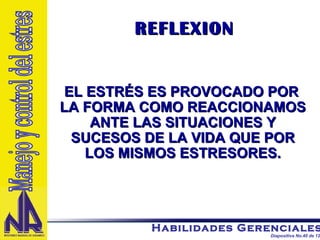 REFLEXION EL ESTRÉS ES PROVOCADO POR LA FORMA COMO REACCIONAMOS ANTE LAS SITUACIONES Y SUCESOS DE LA VIDA QUE POR LOS MISMOS ESTRESORES. Manejo y control del estres 