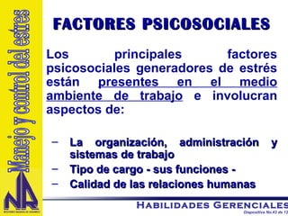 FACTORES PSICOSOCIALES Los principales factores psicosociales generadores de estrés están  presentes en el medio ambiente de trabajo  e involucran aspectos de: La organización, administración y sistemas de trabajo Tipo de cargo - sus funciones - Calidad de las relaciones humanas Manejo y control del estres 