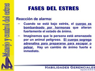 Reacción de alarma: Cuando se está bajo estrés, el  cuerpo es bombardeado por hormonas  que alteran fuertemente el estado de ánimo.  Imaginemos que la persona está amenazada por un animal peligroso.  El cuerpo segrega adrenalina para prepararse para escapar o pelear.   Hay un cambio de ánimo fuerte e inmediato.  FASES DEL ESTRES Manejo y control del estres 