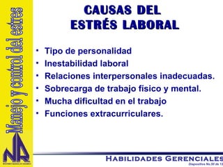 CAUSAS DEL  ESTRÉS LABORAL Tipo de personalidad  Inestabilidad laboral Relaciones interpersonales inadecuadas. Sobrecarga de trabajo físico y mental. Mucha dificultad en el trabajo Funciones extracurriculares. Manejo y control del estres 