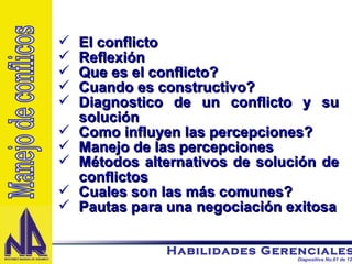 El conflicto Reflexión Que es el conflicto? Cuando es constructivo? Diagnostico de un conflicto y su solución  Como influyen las percepciones?  Manejo de las percepciones Métodos alternativos de solución de conflictos Cuales son las más comunes? Pautas para una negociación exitosa Manejo de conflicos 