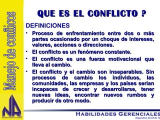 QUE ES EL CONFLICTO ? DEFINICIONES Proceso de enfrentamiento entre dos o más partes ocasionado por un choque de intereses, valores, acciones o direcciones. El conflicto es un fenómeno constante. El conflicto es una fuerza motivacional que lleva al cambio. El conflicto y el cambio son inseparables. Sin procesos de cambio los individuos, las comunidades, las empresas y los países serian incapaces de crecer y desarrollarse, tener nuevas ideas, encontrar nuevos rumbos y producir de otro modo. Manejo de conflicos 