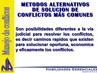 METODOS ALTERNATIVOS DE SOLUCION DE CONFLICTOS MÁS COMUNES Son posibilidades diferentes a la via judicial para resolver los conflictos, es decir caminos rapidos que existen para solucionar oportuna, economica y eficazmente los conflictos. Manejo de conflicos 
