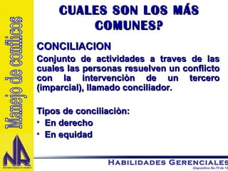 CONCILIACION Conjunto de actividades a traves de las cuales las personas resuelven un conflicto con la intervenciòn de un tercero (imparcial), llamado conciliador. Tipos de conciliaciòn: En derecho En equidad CUALES SON LOS MÁS COMUNES? Manejo de conflicos 