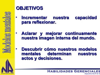 Incrementar nuestra capacidad para reflexionar. Aclarar y mejorar continuamente nuestra imagen interna del mundo. Descubrir cómo nuestros modelos mentales determinan nuestros actos y decisiones. OBJETIVOS Modelos mentales 