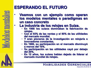 Veamos con un ejemplo como operan los modelos mentales o paradigmas en un caso concreto La industria de los relojes en Suiza. En 1968 los suizos dominaban la fabricación de relojes. Con el 65% de las ventas y el 80% de las utilidades del mercado mundial. Y eran pioneros de la investigación en relojería e innovadores constantes. En 1980, su participación en el mercado disminuyó a menos del 10%. Su participación en las utilidades cayó por debajo del 20%. En 12 años, los suizos habían dejado de liderar el mercado mundial de relojes.  ESPERANDO EL FUTURO Modelos mentales 