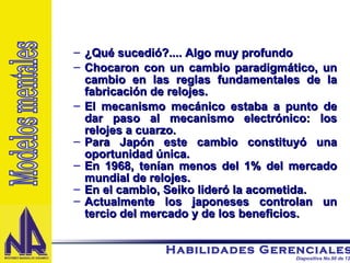 ¿Qué sucedió?.... Algo muy profundo Chocaron con un cambio paradigmático, un cambio en las reglas fundamentales de la fabricación de relojes. El mecanismo mecánico estaba a punto de dar paso al mecanismo electrónico: los relojes a cuarzo. Para Japón este cambio constituyó una oportunidad única. En 1968, tenían menos del 1% del mercado mundial de relojes. En el cambio, Seiko lideró la acometida. Actualmente los japoneses controlan un tercio del mercado y de los beneficios. Modelos mentales 