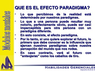 Lo que percibimos de la realidad está determinado por nuestros paradigmas. Lo que a una persona puede resultar muy notorio, perfectamente obvio, puede ser casi imperceptible para otra persona con un paradigma diferente. En esto consiste, el efecto paradigma. Por lo tanto, si uno quiere explorar el futuro, lo primero que debe conocer es la influencia que ejercen nuestros paradigmas sobre nuestra percepción del mundo que nos rodea. En caso contrario, verá el futuro con “anteojeras” como los caballos de tiro. QUE ES EL EFECTO PARADIGMA? Modelos mentales 
