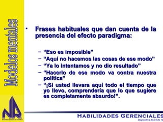 Frases habituales que dan cuenta de la presencia del efecto paradigma: “ Eso es imposible” “ Aquí no hacemos las cosas de ese modo” “ Ya lo intentamos y no dio resultado” “ Hacerlo de ese modo va contra nuestra política” “ ¡Si usted llevara aquí todo el tiempo que yo llevo, comprendería que lo que sugiere es completamente absurdo!”. Modelos mentales 