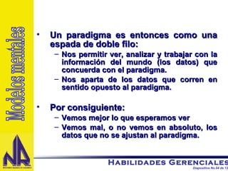 Un paradigma es entonces como una espada de doble filo: Nos permitir ver, analizar y trabajar con la información del mundo (los datos) que concuerda con el paradigma. Nos aparta de los datos que corren en sentido opuesto al paradigma. Por consiguiente: Vemos mejor lo que esperamos ver Vemos mal, o no vemos en absoluto, los datos que no se ajustan al paradigma. Modelos mentales 