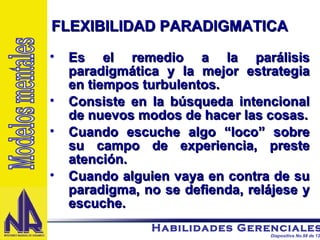 Es el remedio a la parálisis paradigmática y la mejor estrategia en tiempos turbulentos. Consiste en la búsqueda intencional de nuevos modos de hacer las cosas. Cuando escuche algo “loco” sobre su campo de experiencia, preste atención. Cuando alguien vaya en contra de su paradigma, no se defienda, relájese y escuche. FLEXIBILIDAD PARADIGMATICA Modelos mentales 