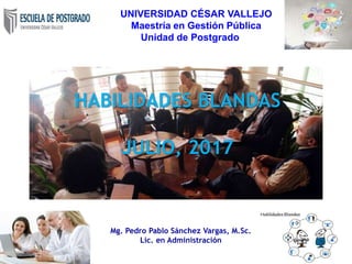 HABILIDADES BLANDAS
JULIO, 2017
Mg. Pedro Pablo Sánchez Vargas, M.Sc.
Lic. en Administración
UNIVERSIDAD CÉSAR VALLEJO
Maestría en Gestión Pública
Unidad de Postgrado
 