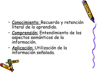 Conocimiento:  Recuerdo y retención literal de lo aprendido. Comprensión:  Entendimiento de los aspectos semánticos de la información. Aplicación:  Utilización de la información señalada. 