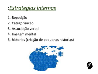:Estrategias Internas
1. Repetição
2. Categorização
3. Associação verbal
4. Imagem mental
5. historias (criação de pequenas historias)
 