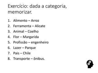 Exercício: dada a categoria,
memorizar.
1. Alimento – Arroz
2. Ferramenta – Alicate
3. Animal – Coelho
4. Flor – Margarida
5. Profissão – engenheiro
6. Lazer – Parque
7. Pais – Chile
8. Transporte – ônibus.
 