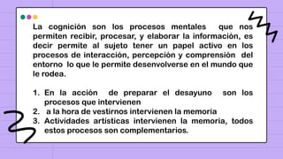 La cognición son los procesos mentales que nos
permiten recibir, procesar, y elaborar la información, es
decir permite al sujeto tener un papel activo en los
procesos de interacción, percepción y comprensión del
entorno lo que le permite desenvolverse en el mundo que
le rodea.
1. En la acción de preparar el desayuno son los
procesos que intervienen
2. a la hora de vestirnos intervienen la memoria
3. Actividades artísticas intervienen la memoria, todos
estos procesos son complementarios.
 