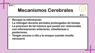 Mecanismos Cerebrales
• Recojan la información
• La retengan durante períodos prolongados de tiempo
• La procesen de tal manera que pueda ser relacionada
con informaciones anteriores, simultaneas o
posteriores.
• Tengan acceso a ella y la evoque cuando resulte
necesario
 