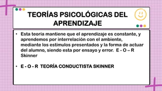 TEORÍAS PSICOLÓGICAS DEL
APRENDIZAJE
• Esta teoría mantiene que el aprendizaje es constante, y
aprendemos por interrelación con el ambiente,
mediante los estímulos presentados y la forma de actuar
del alumno, siendo esta por ensayo y error. E - O – R
Skinner
• E - O - R TEORÍA CONDUCTISTA SKINNER
 
