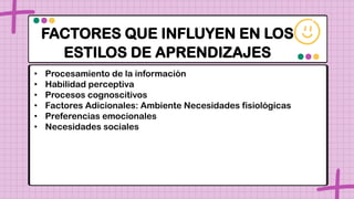 FACTORES QUE INFLUYEN EN LOS
ESTILOS DE APRENDIZAJES
• Procesamiento de la información
• Habilidad perceptiva
• Procesos cognoscitivos
• Factores Adicionales: Ambiente Necesidades fisiológicas
• Preferencias emocionales
• Necesidades sociales
 