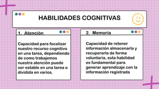 Mi
afición
favorita
HABILIDADES COGNITIVAS
Mi peli
favorita
Mi
comida
favorita
1. Atención
Capacidad para focalizar
nuestro recurso cognitivo
en una tarea, dependiendo
de como trabajemos
nuestra atención puede
ser estable en una tarea o
dividida en varios.
2. Memoria
Capacidad de retener
información almacenarla y
recuperarla de forma
voluntaria, esta habilidad
es fundamental para
generar aprendizaje con la
información registrada
 