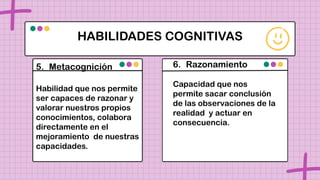 Mi
afición
favorita
HABILIDADES COGNITIVAS
Mi peli
favorita
Mi
comida
favorita
5. Metacognición
Habilidad que nos permite
ser capaces de razonar y
valorar nuestros propios
conocimientos, colabora
directamente en el
mejoramiento de nuestras
capacidades.
6. Razonamiento
Capacidad que nos
permite sacar conclusión
de las observaciones de la
realidad y actuar en
consecuencia.
 