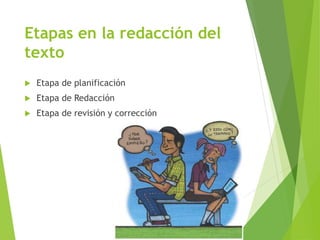 Etapas en la redacción del
texto
 Etapa de planificación
 Etapa de Redacción
 Etapa de revisión y corrección
 