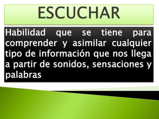 ESCUCHARHabilidad que se tiene para comprender y asimilar cualquier tipo de información que nos llega a partir de sonidos, sensaciones y palabras 
