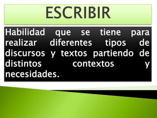 ESCRIBIRHabilidad que se tiene para realizar diferentes tipos de discursos y textos partiendo de distintos contextos y necesidades.