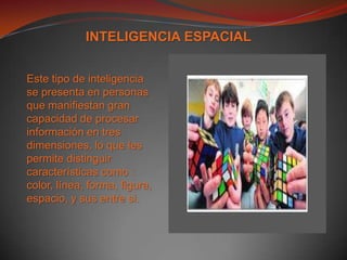 INTELIGENCIA ESPACIALEste tipo de inteligencia se presenta en personas  que manifiestan gran capacidad de procesar información en tres dimensiones, lo que les permite distinguir  características como : color, línea, forma, figura, espacio, y sus entre si.