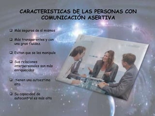 CARACTERISTICAS DE LAS PERSONAS CON
COMUNICACIÓN ASERTIVA
 Más seguros de sí mismos
 Más transparentes y con
una gran fluidez.
 Evitan que se les manipule
 Sus relaciones
interpersonales son más
enriquecidas
 tienen una autoestima
alta
 Su capacidad de
autocontrol es más alta
 